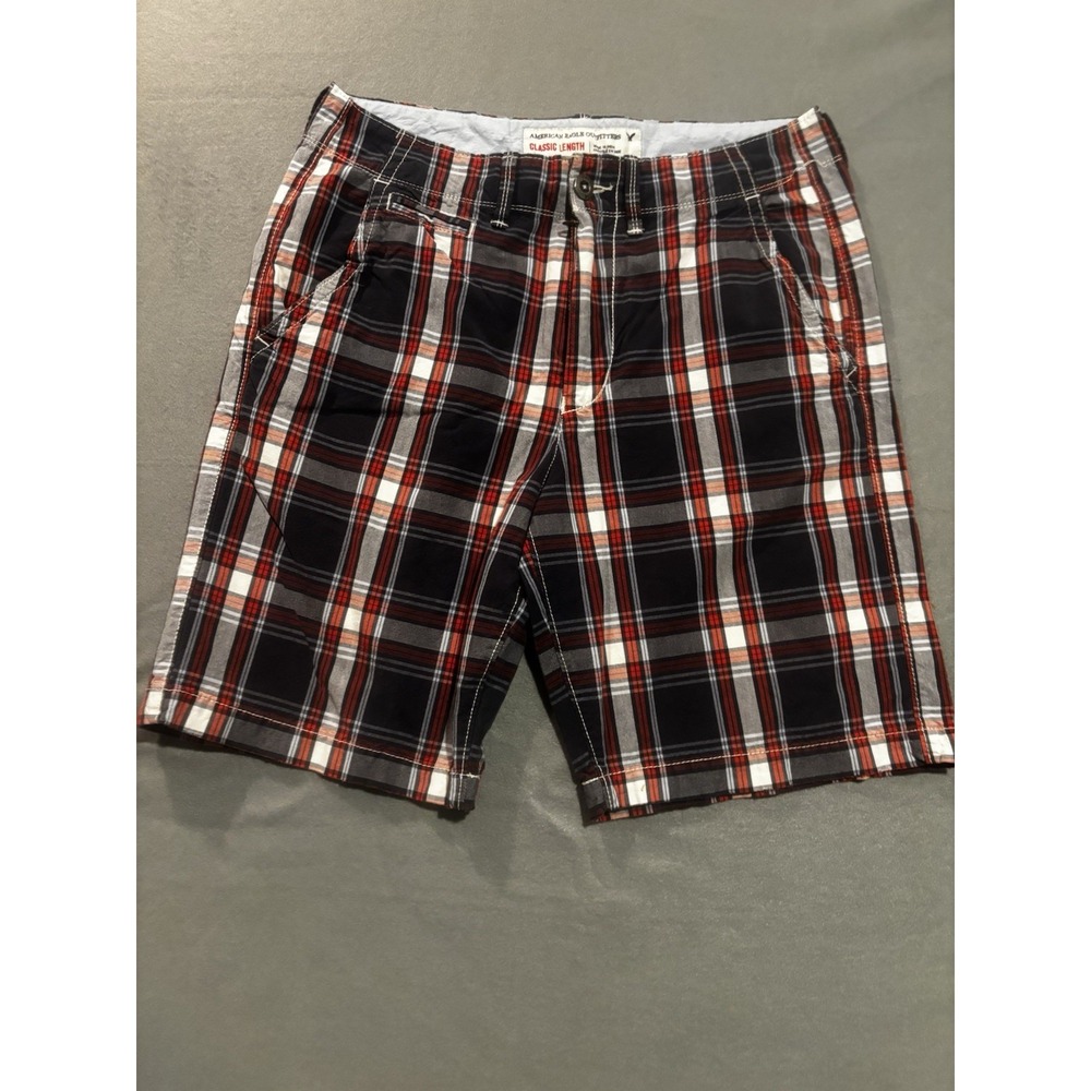 American Eagle Mens Y2K Shorts 34 AE Plaid Blue Red Classic Length Preppy Retro